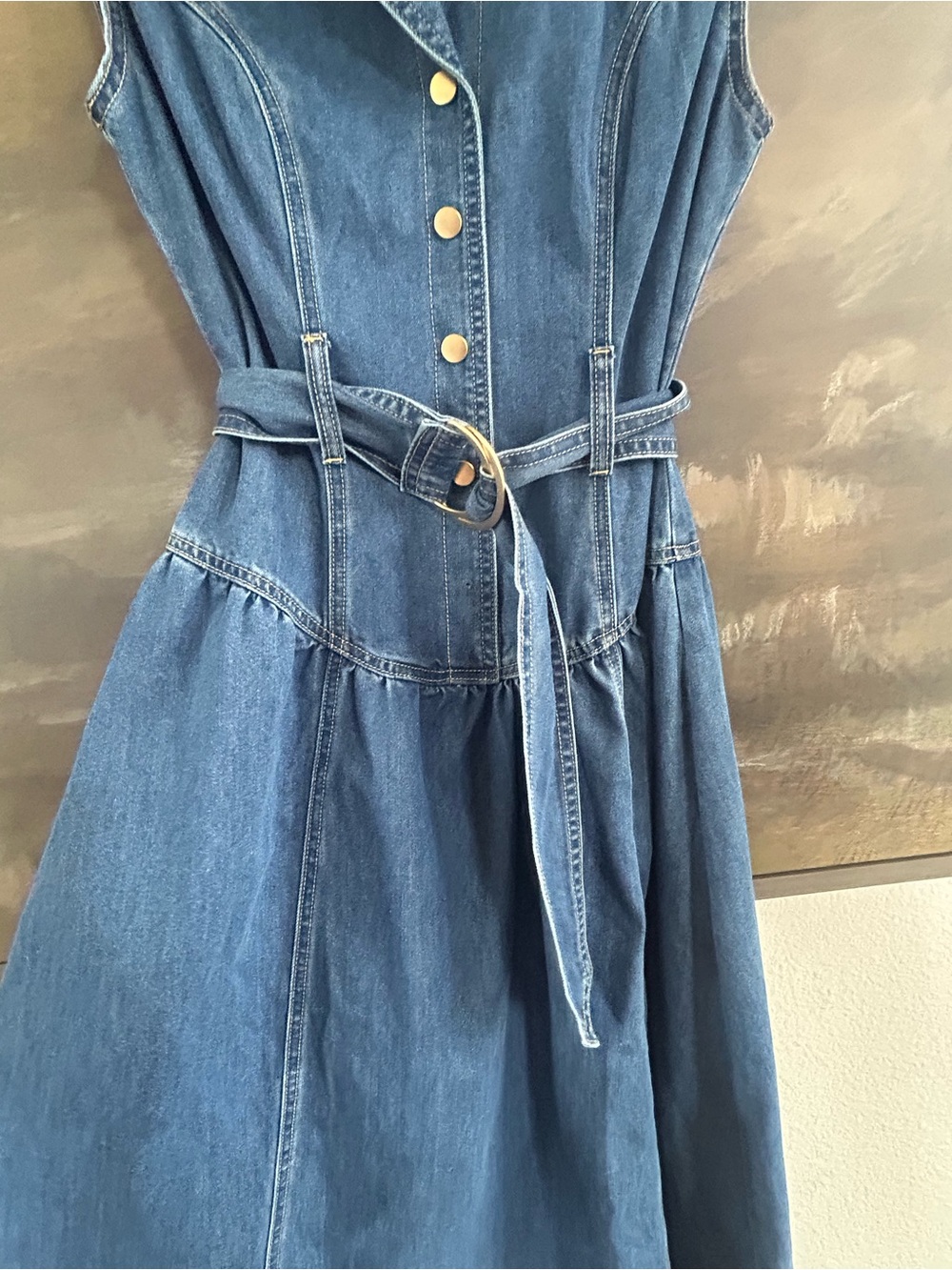 NWOT Boutique Dark Blue Denim Sleeveless Shirtwaist Dress with Belt - Picture 6 of 8